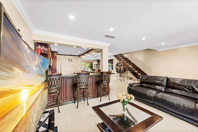 3553 NE 171st St Unit P, North Miami Beach, FL 33160 - living room with crown molding, a dry bar, stairs, recessed lighting, and light tile patterned floors