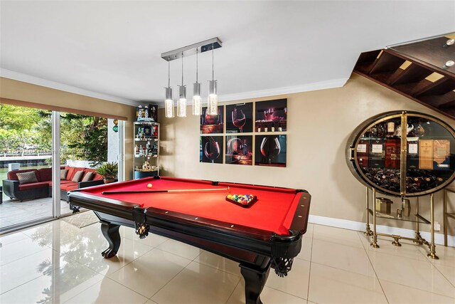 3553 NE 171st St Unit P, North Miami Beach, FL 33160 - rec room featuring crown molding, baseboards, pool table, and tile patterned flooring