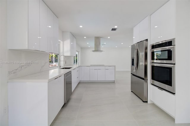 17640 SW 84th Ct, Palmetto Bay, FL 33157 - kitchen with modern cabinets, stainless steel appliances, a sink, island range hood, and white cabinets