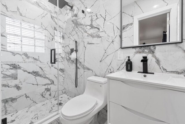 8000 SW 36th St, Miami, FL 33155 - bathroom featuring tile walls, a marble finish shower, toilet, and vanity
