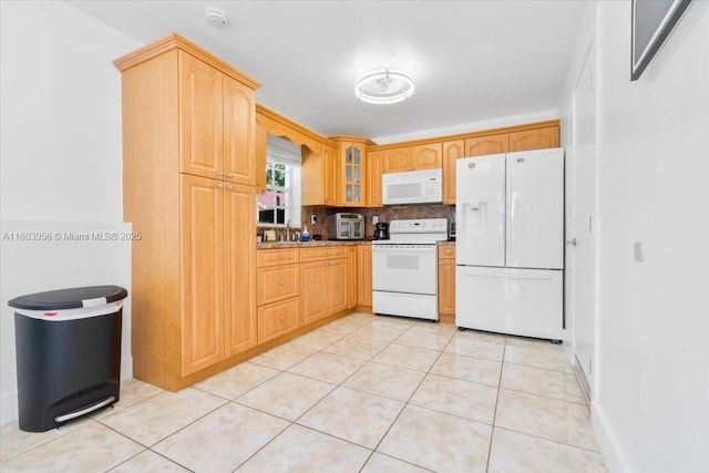 8000 SW 36th St, Miami, FL 33155 - kitchen featuring white appliances, glass insert cabinets, light tile patterned floors, backsplash, and light brown cabinets