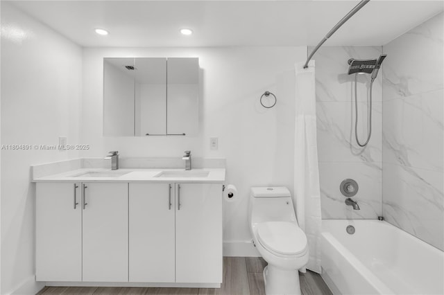 3401 Bimini Ln Unit E1, Coconut Creek, FL 33066 - bathroom with toilet, shower / bath combo with shower curtain, double vanity, wood finished floors, and recessed lighting