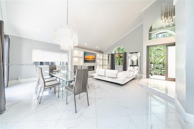 18201 NW 16th St, Pembroke Pines, FL 33029 - dining space featuring a chandelier, marble tiled flooring, crown molding, baseboards, and high vaulted ceiling