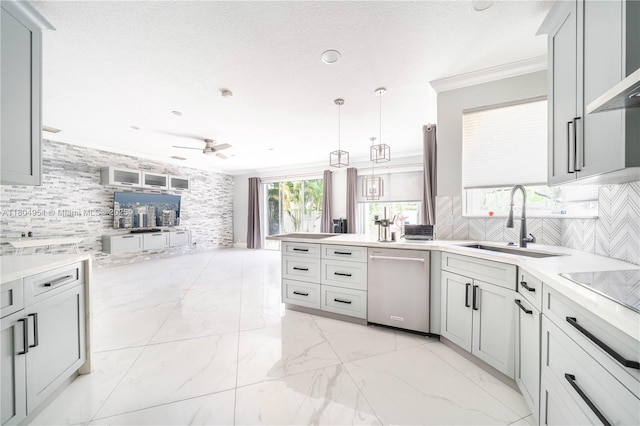 18201 NW 16th St, Pembroke Pines, FL 33029 - kitchen featuring stainless steel dishwasher, a sink, decorative backsplash, ceiling fan, and light countertops
