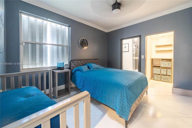 18201 NW 16th St, Pembroke Pines, FL 33029 - bedroom with ornamental molding, ensuite bath, baseboards, and ceiling fan