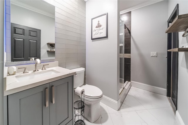 18201 NW 16th St, Pembroke Pines, FL 33029 - bathroom with marble look tile flooring, a shower stall, crown molding, toilet, and vanity