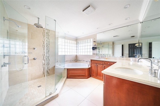18201 NW 16th St, Pembroke Pines, FL 33029 - full bath with crown molding, a stall shower, a garden tub, tile patterned flooring, and vanity