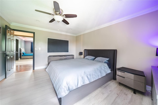 18201 NW 16th St, Pembroke Pines, FL 33029 - bedroom featuring light wood finished floors, ornamental molding, a ceiling fan, and baseboards