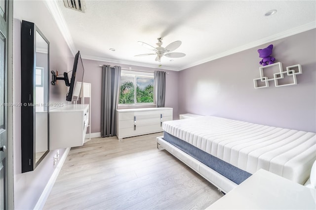 18201 NW 16th St, Pembroke Pines, FL 33029 - bedroom with light wood-type flooring, ornamental molding, baseboards, a ceiling fan, and a textured ceiling