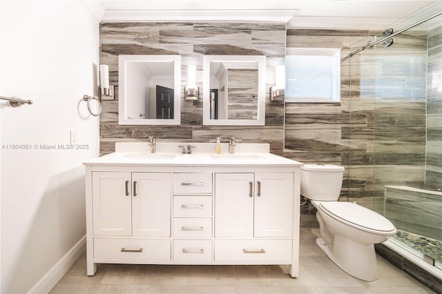 18201 NW 16th St, Pembroke Pines, FL 33029 - full bathroom with crown molding, a shower stall, toilet, double vanity, and tile walls