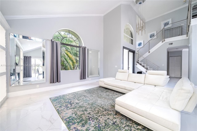 18201 NW 16th St, Pembroke Pines, FL 33029 - living area featuring marble finish floors, stairs, ornamental molding, and baseboards
