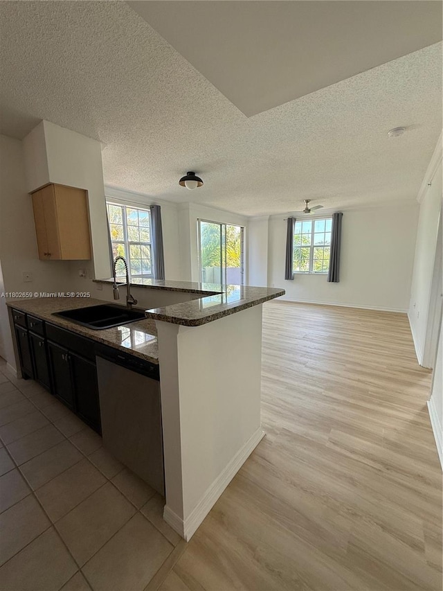 616 Clearwater Park Rd Unit 212, West Palm Beach, FL 33401 - kitchen with dishwasher, a sink, plenty of natural light, dark stone countertops, and a textured ceiling