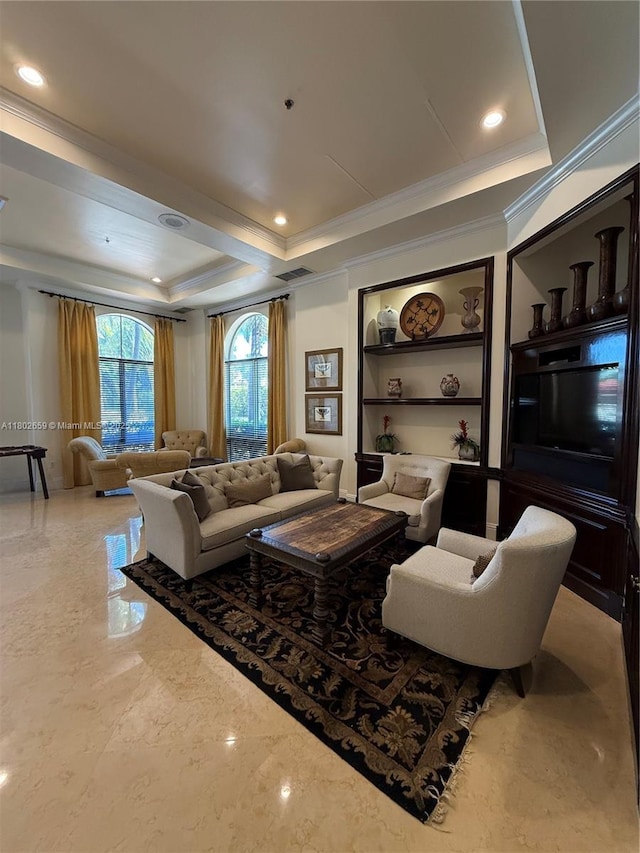 616 Clearwater Park Rd Unit 212, West Palm Beach, FL 33401 - living room with a raised ceiling, crown molding, built in shelves, marble tiled floors, and recessed lighting