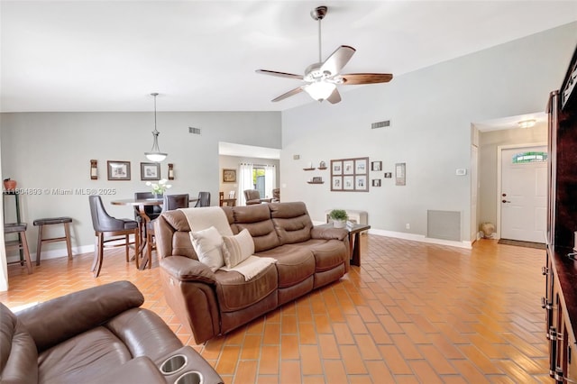 11955 Brim Way, Cooper City, FL 33026 - living room with ceiling fan and high vaulted ceiling