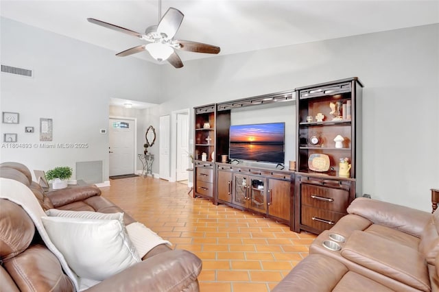 11955 Brim Way, Cooper City, FL 33026 - living room featuring ceiling fan, lofted ceiling, and light tile patterned floors