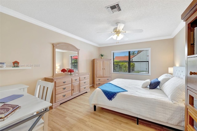 11955 Brim Way, Cooper City, FL 33026 - bedroom featuring a textured ceiling, light wood finished floors, ornamental molding, and ceiling fan