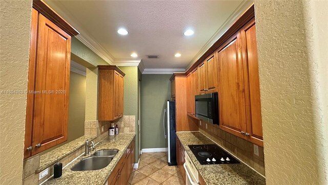 8716 Blaze Ct, Davie, FL 33328 - kitchen featuring a sink, a textured wall, black appliances, ornamental molding, and tasteful backsplash