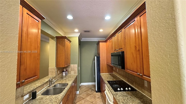 8716 Blaze Ct, Davie, FL 33328 - kitchen featuring a sink, a textured wall, black appliances, decorative backsplash, and ornamental molding