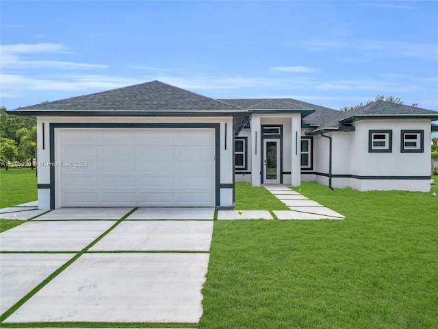 418 8th Ave, Lehigh Acres, FL 33972 - view of front facade with a shingled roof, driveway, an attached garage, stucco siding, and a front yard