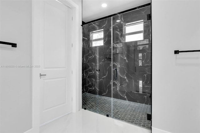 418 8th Ave, Lehigh Acres, FL 33972 - full bath featuring a marble finish shower, marble finish flooring, and recessed lighting