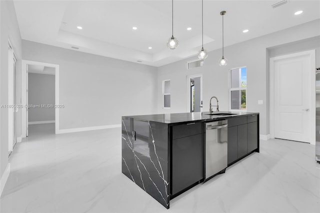 418 8th Ave, Lehigh Acres, FL 33972 - kitchen with dishwasher, a sink, modern cabinets, dark cabinetry, and an island with sink