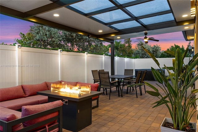 17375 SW 41st St, Miramar, FL 33029 - fenced backyard featuring outdoor dining area, an outdoor living space with a fire pit, a patio, and a pergola