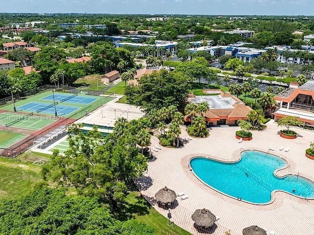 aerial view of a pool area