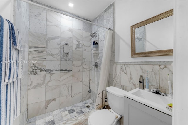 2023 SW 99th Ave, Miami, FL 33165 - full bathroom with a tile shower, toilet, vanity, and tile walls