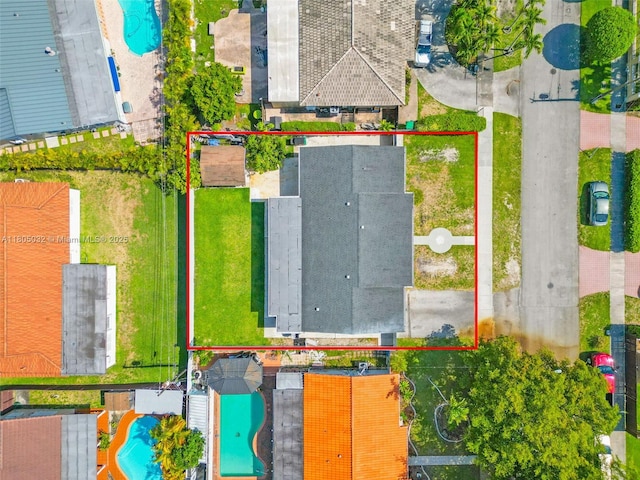 2023 SW 99th Ave, Miami, FL 33165 - aerial view of property and surrounding area featuring a pool area and property boundaries highlighted