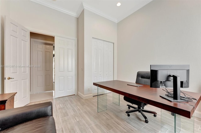 12668 NW 74th Pl, Parkland, FL 33076 - office featuring baseboards, crown molding, wood finish floors, and recessed lighting