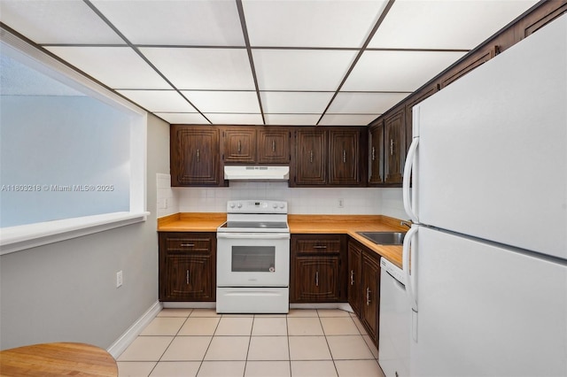7081 Environ Blvd Unit 243, Lauderhill, FL 33319 - kitchen with white appliances, under cabinet range hood, a sink, dark brown cabinetry, and light countertops