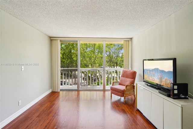 sitting room featuring wood finished floors, a textured ceiling, healthy amount of natural light, a wall of windows, and baseboards