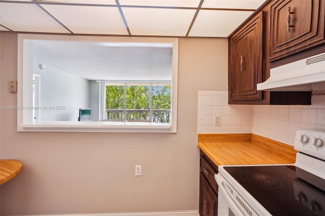 7081 Environ Blvd Unit 243, Lauderhill, FL 33319 - kitchen with white electric range oven, backsplash, under cabinet range hood, and light countertops