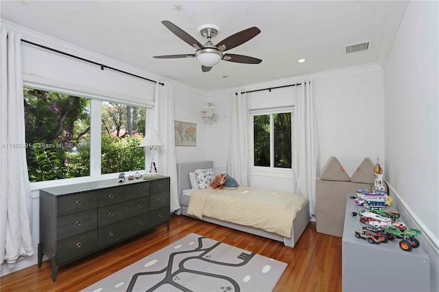 1526 Dorado Ave, Coral Gables, FL 33146 - bedroom featuring multiple windows, ornamental molding, wood finished floors, and ceiling fan