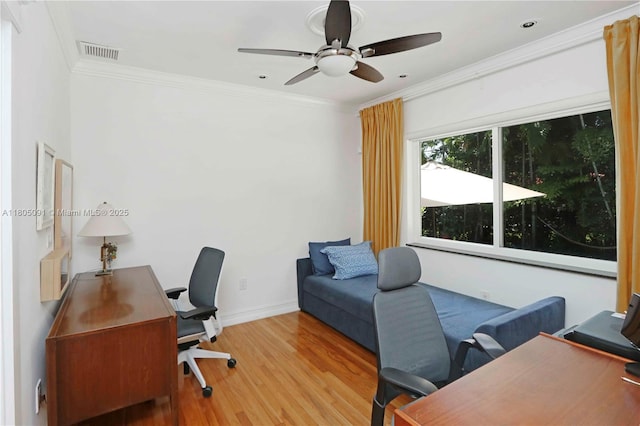 1526 Dorado Ave, Coral Gables, FL 33146 - office space with a ceiling fan, wood finished floors, crown molding, and baseboards