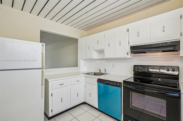 kitchen with freestanding refrigerator, dishwasher, electric range, under cabinet range hood, and a sink