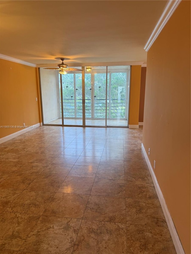 9420 Poinciana Pl Unit 403, Davie, FL 33324 - empty room with a ceiling fan, ornamental molding, baseboards, and expansive windows