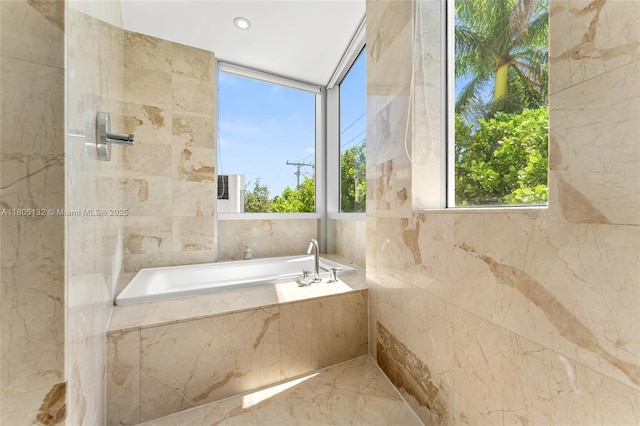 544 Fernwood Rd Unit 544, Key Biscayne, FL 33149 - bathroom featuring a bath, marble finish flooring, and a shower