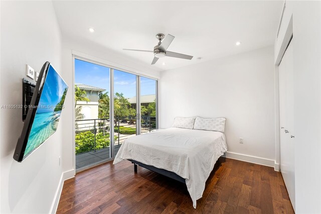 544 Fernwood Rd Unit 544, Key Biscayne, FL 33149 - bedroom with wood finished floors, baseboards, recessed lighting, a ceiling fan, and access to exterior