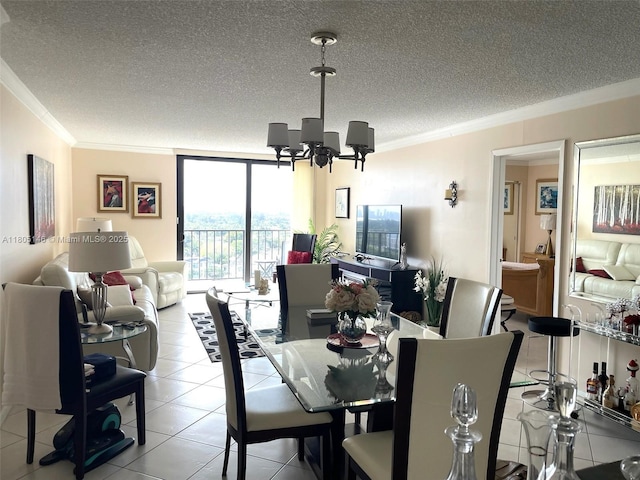 2625 Collins Ave Unit 1409, Miami Beach, FL 33140 - dining area featuring crown molding, a chandelier, a textured ceiling, floor to ceiling windows, and light tile patterned flooring