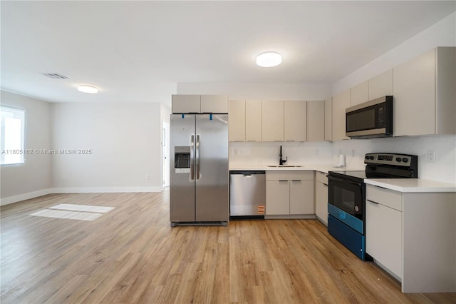 kitchen featuring stainless steel appliances, a sink, light countertops, light wood finished floors, and tasteful backsplash