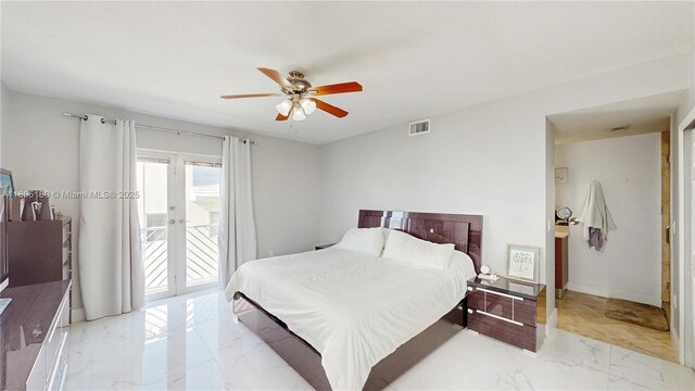 931 SW 11th St Unit H-1, Miami, FL 33129 - bedroom with access to outside, light marble finish flooring, french doors, and ceiling fan