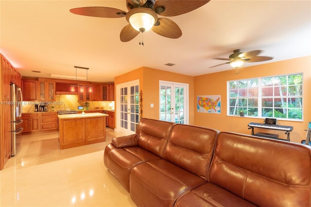 15332 SW 142nd Ter, Miami, FL 33196 - living area featuring french doors, a ceiling fan, and light tile patterned floors