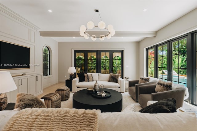 549 NE 59th St, Miami, FL 33137 - living room featuring beam ceiling, a chandelier, recessed lighting, light wood-style floors, and baseboards