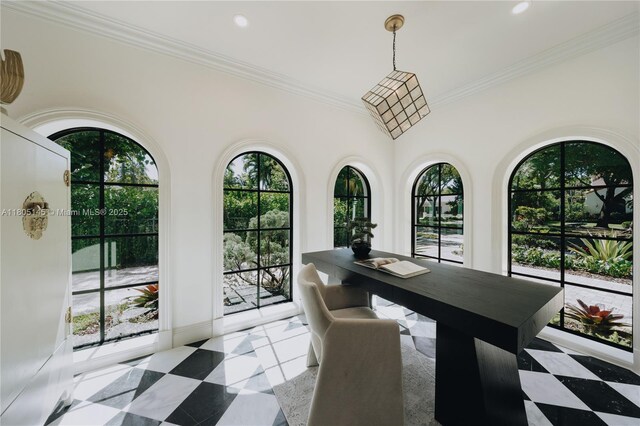549 NE 59th St, Miami, FL 33137 - dining area with healthy amount of natural light, crown molding, recessed lighting, and light tile patterned floors