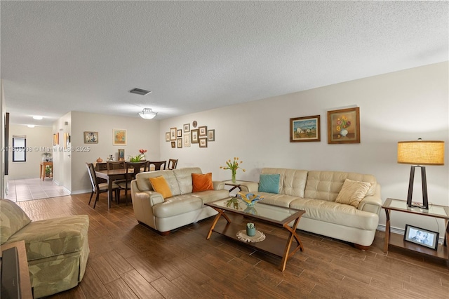 living area featuring wood finished floors and a textured ceiling