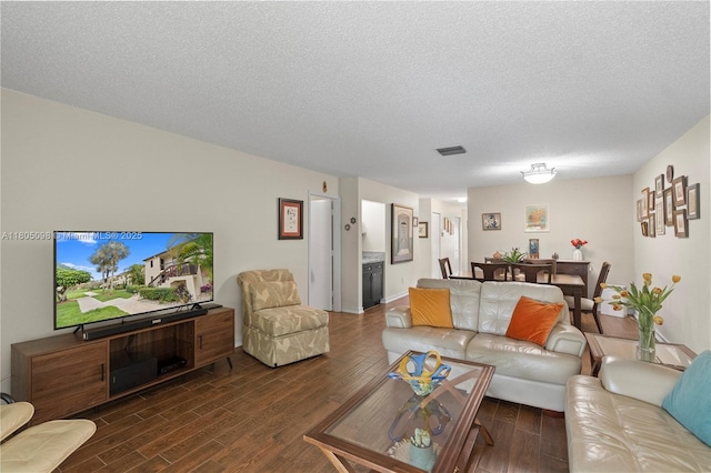 living area with dark wood finished floors and a textured ceiling