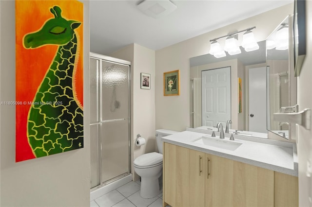 bathroom with tile patterned floors, a shower stall, toilet, and vanity