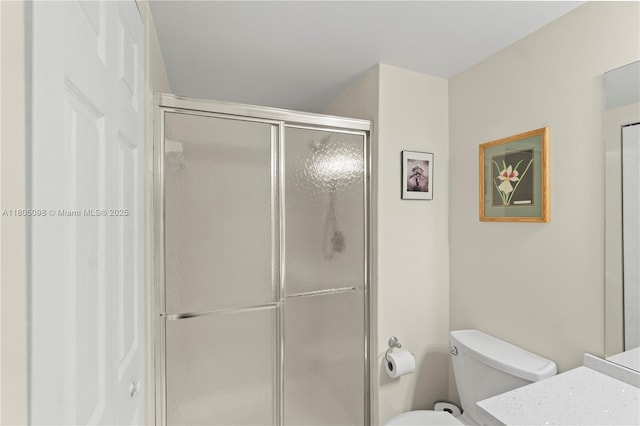 full bath featuring a stall shower, vanity, and toilet
