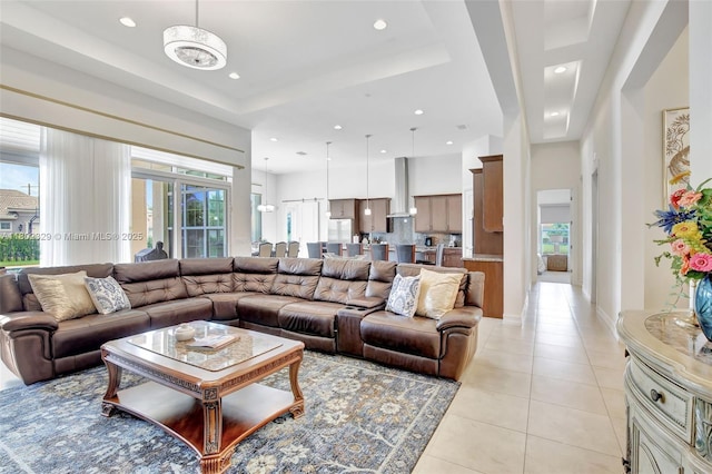 5474 S Sterling Ranch Cir, Davie, FL 33314 - living room with light tile patterned floors, recessed lighting, and a raised ceiling